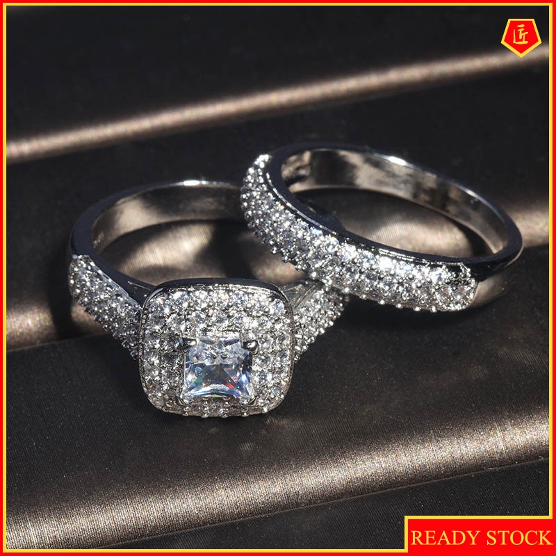 [Ready Stock]Fashion Luxury Square Diamond Couple Ring Set