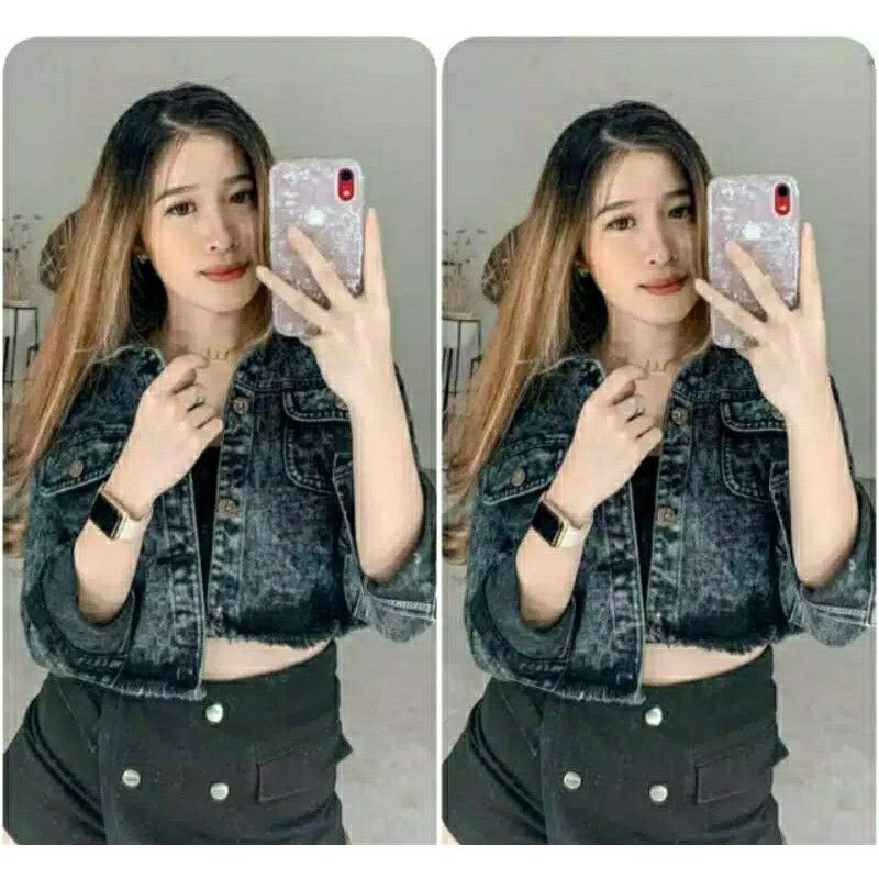 Jaket jeans crop wanita ootd jacket hijab terbaru snow