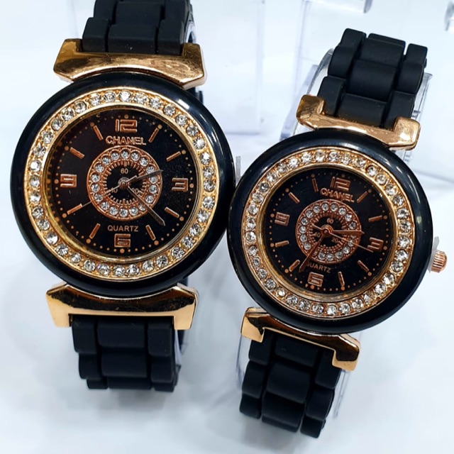 Jam Tangan Fashion Wanita Permata Tali Rubber Karet Hitam dan Putih