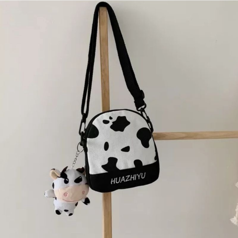 HDS_BAG / HUAZHYU Tas Slempang Wanita Slingbag Tas Selempang Bahu Kanvas Wanita Tas slempang Wanita motif Cow