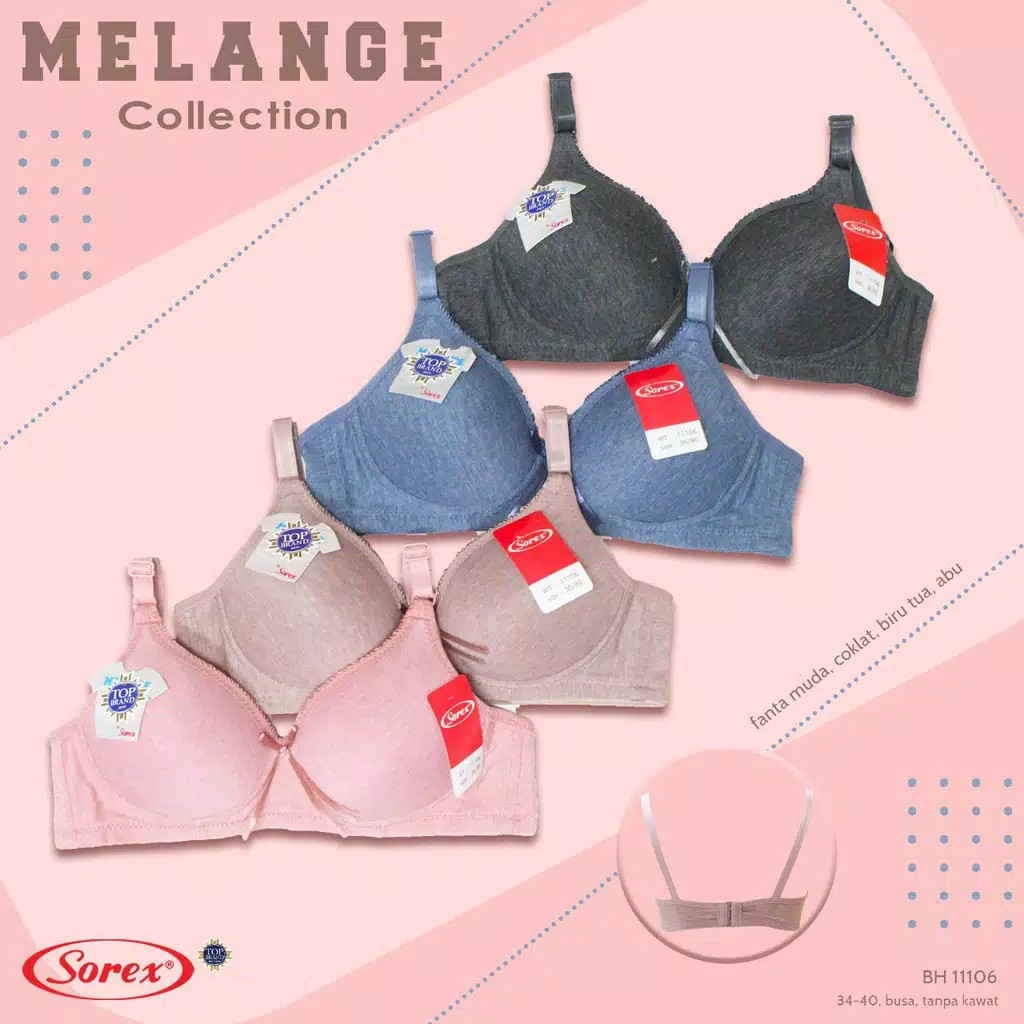 Sorex Bra 11106 Busa Sedang Tanpa Kawat Kait 2 Cup setara Cup B Melange Collection Basic Harian