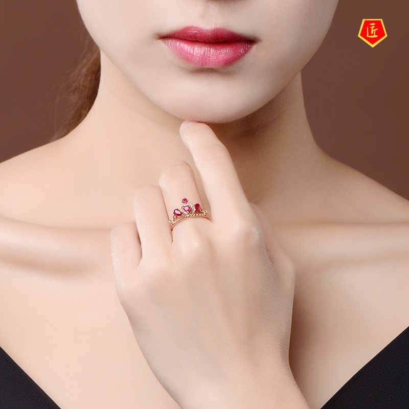 [Ready Stock]Elegant Personality 18K Gold Ruby Crown Ring