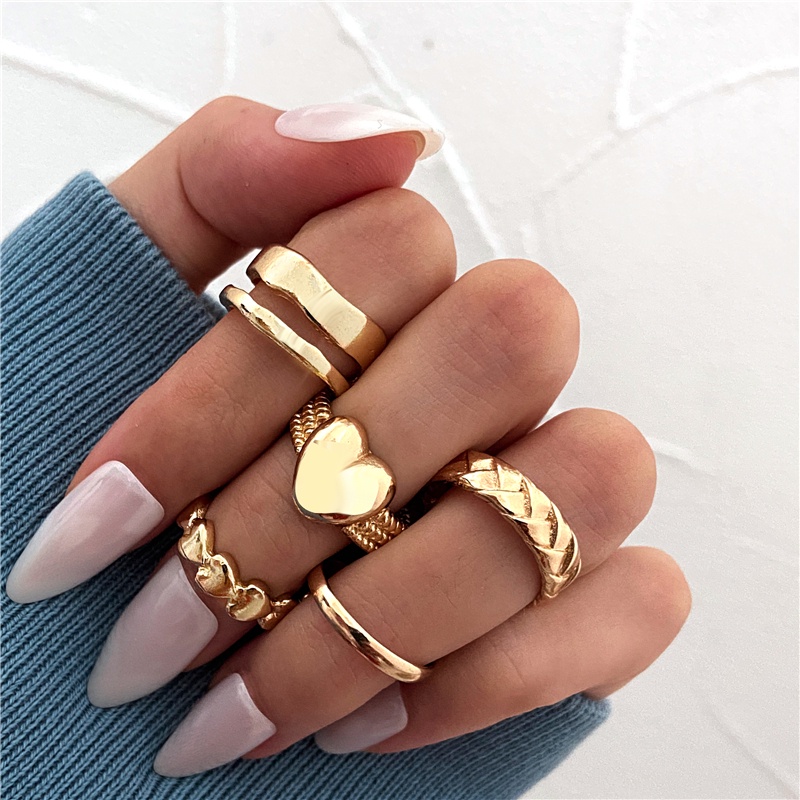 IFYOU 5pcs / set Cincin Bentuk Hati Warna Silver Gaya Vintage Untuk Wanita
