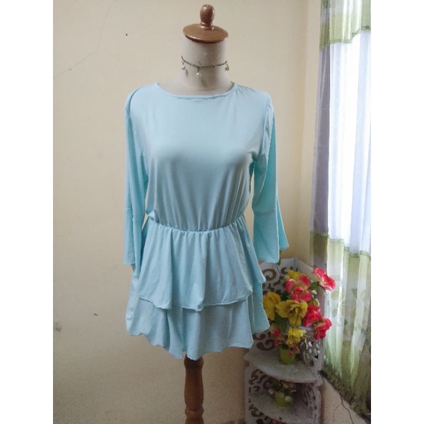 blouse jersey biru toska atasan baju wanita