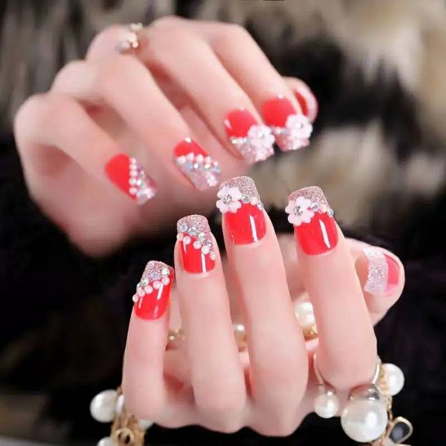 Wedding fake nail 3D Red rhinestone kuku palsu merah pernikahan