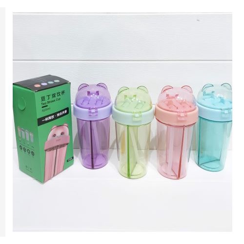 BOTOL MINUM 2 SISI KEPALA BERUANG- Botol minum 420ml 2 Sedotan - Botol Minum Dual Use  PLUS STIKER free Stiker