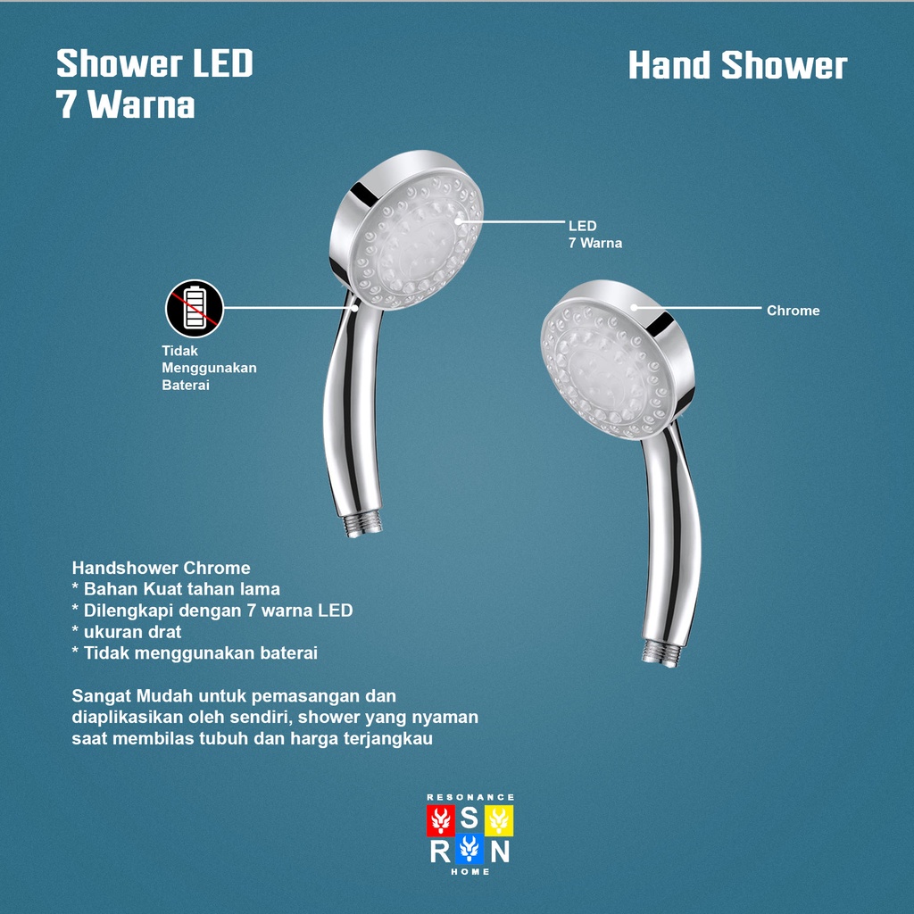 Kepala Shower Lampu LED Otomatis 7 Color / Kepala Pancuran Air Pelangi Resonance Home