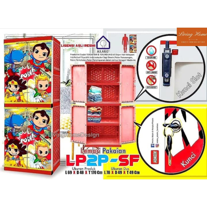 Lemari Pakaian Anak Akako 2 Pintu Plastik Wardrobe Baju Cowok Keren Lucu Murah Kuat Motif Hero