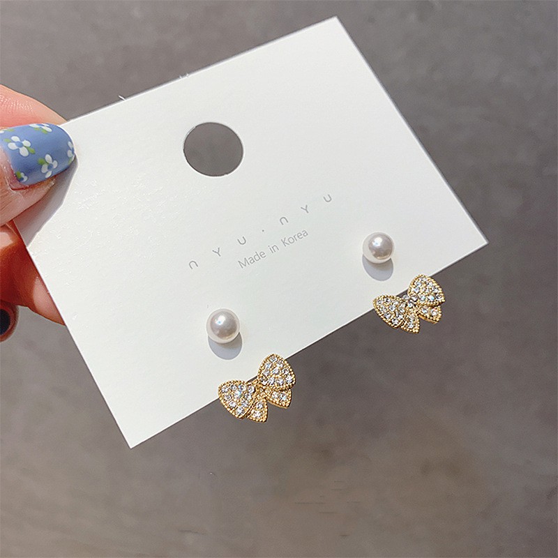 Korean temperament diamond-studded bow fashion pearl stud earrings