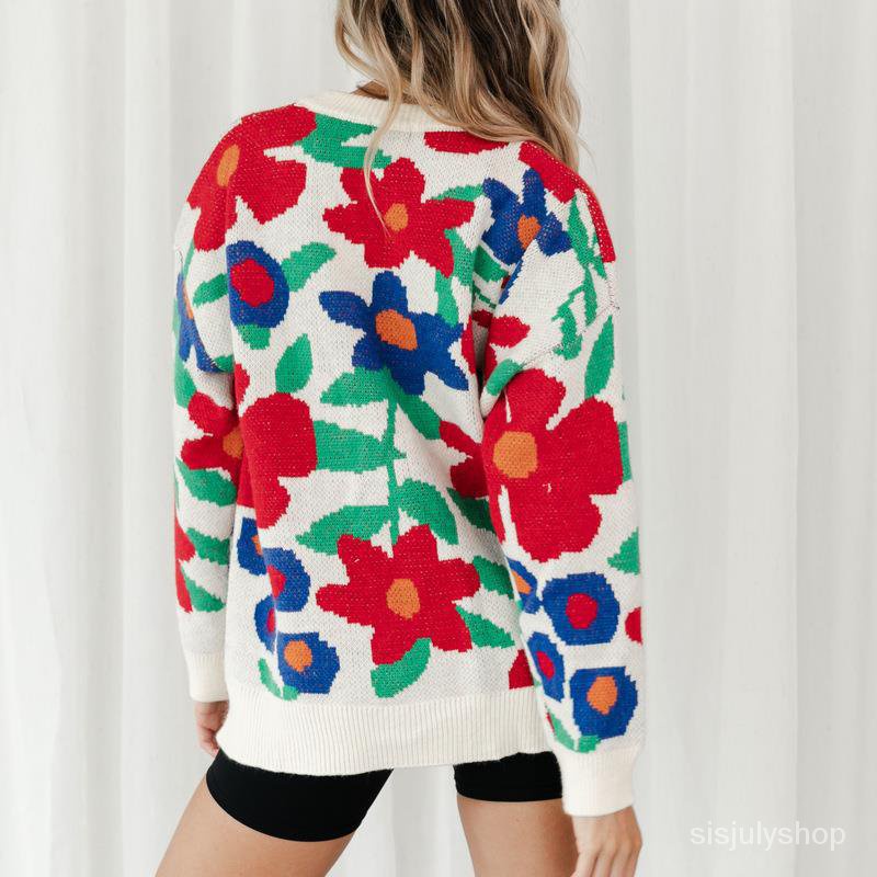 #Sisjuly# Wanita Musim Gugur Dan Musim Dingin Baru Bordir Bunga Besar Leher Bulat Longgar Lengan Pan