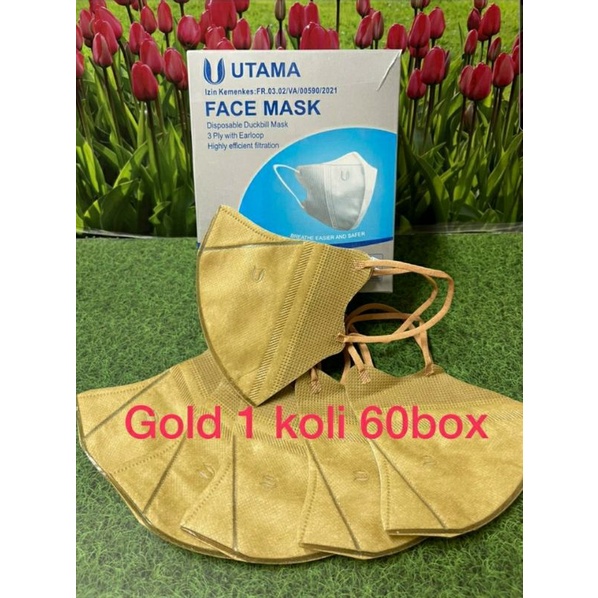 Original Masker Duckbill Duckbil Dukbill Dakbil Utama Warna Coklat Gold Emas Isi 50 Pcs Earloop Exp