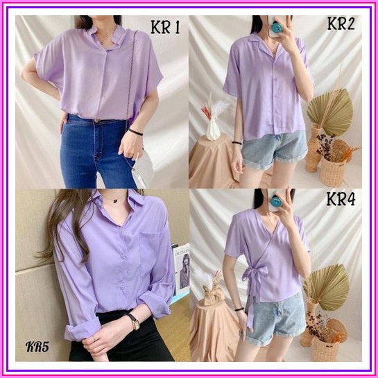 Kemeja Basic / Kemeja Polos / Kemeja Wolfis Baju Atasan Wanita Lilac Polos / Kemeja Wanita Lilac Len