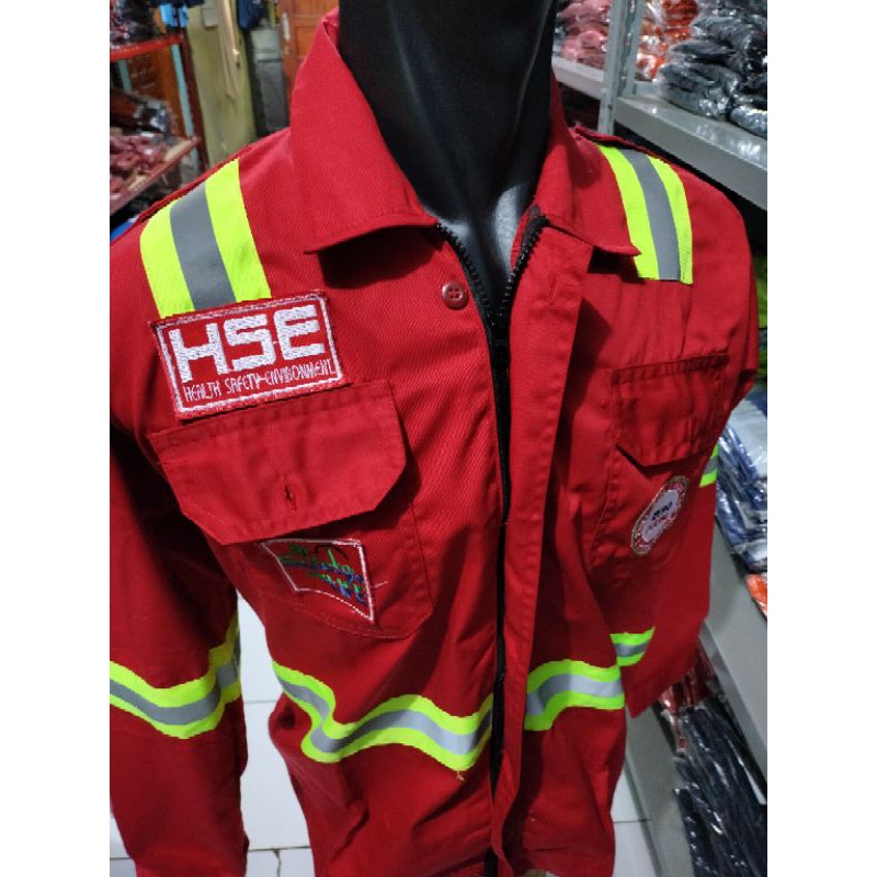 BAJU SAFETY HSE MERAH RESLETING BERLOGO LENGKAP ATASAN WEARPACK