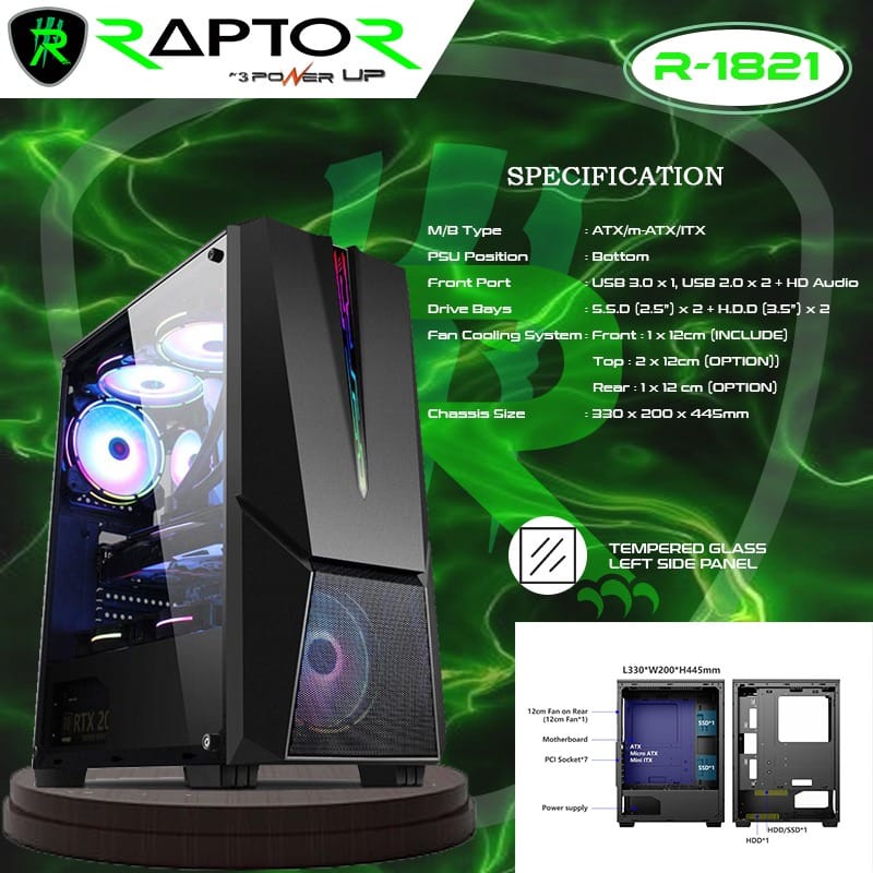 Casing Gaming Raptor 1821 free 1 Fan RGB