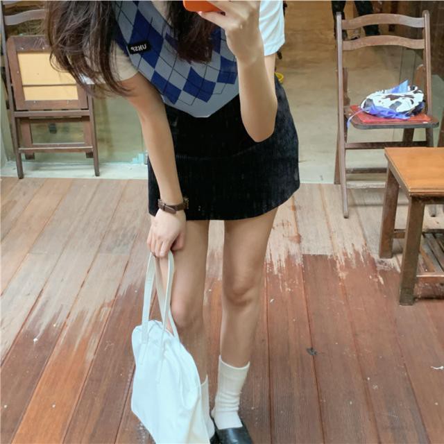 Student Preppy Style Blue Lattice ShortVNeck Vest+White Short SleeveTT-shirt