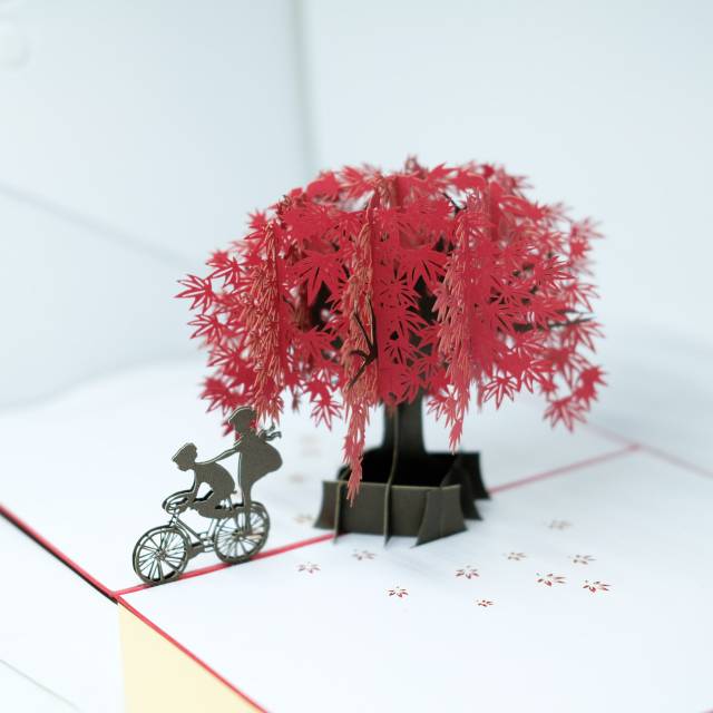 Pop Up Card Sakura Merah Bike 3D- Sepeda Kartu Ucapan Cards Maple Cherry Blossom
