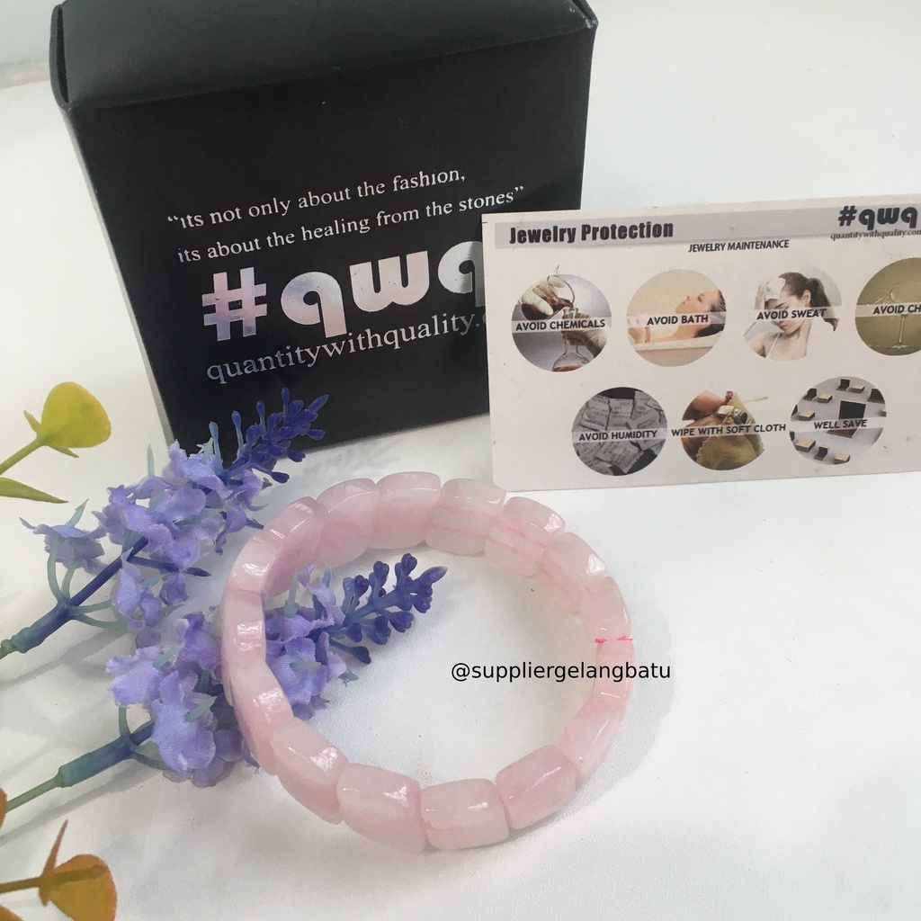 Gelang Batu ROSE QUARTZ CUTTING PANJANG limited natural asli akik PINK