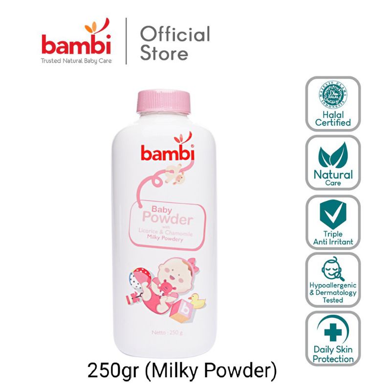 Bambi Baby Powder 100gr 250gr, Milky Prickly Woody, Bedak bayi harum