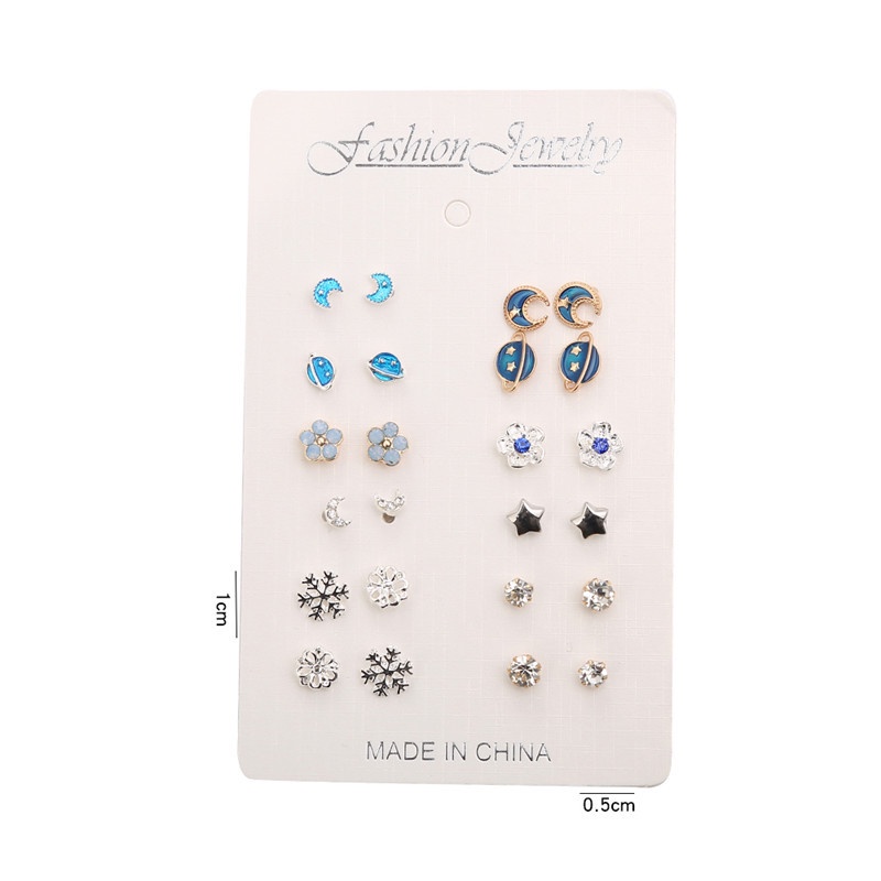 12pcs Anting Tusuk Bentuk Bulan / Bumi / Bintang / Snowflake Hias Berlian Untuk Wanita