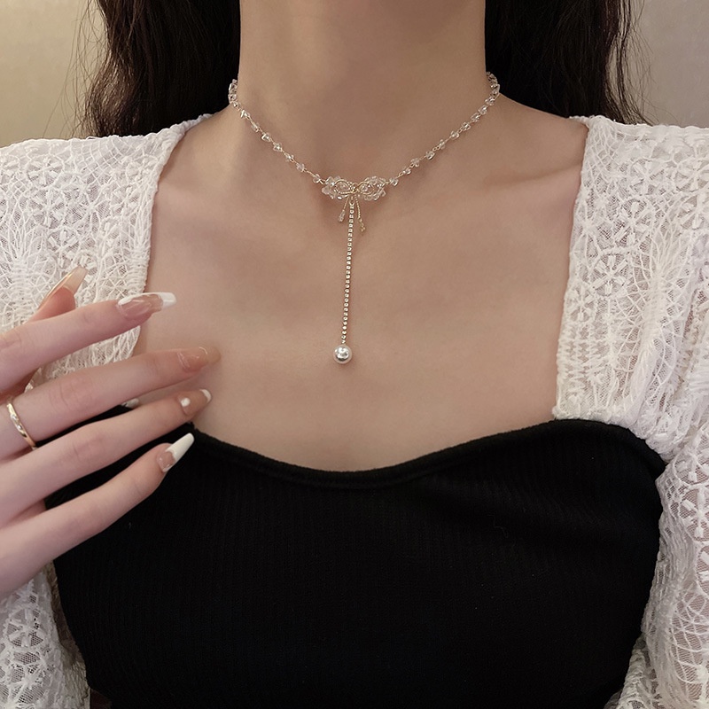 Kalung Choker Wanita Model Pita Rumbai Hias Kristal Mutiara