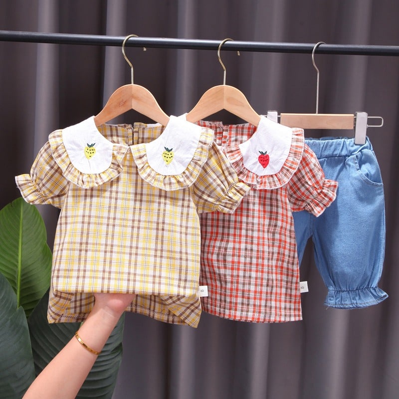 Onter Collection Setelan Jeans Anak Perempuan Best Seller/Set Box And Two Strawberries Denim/Baju An