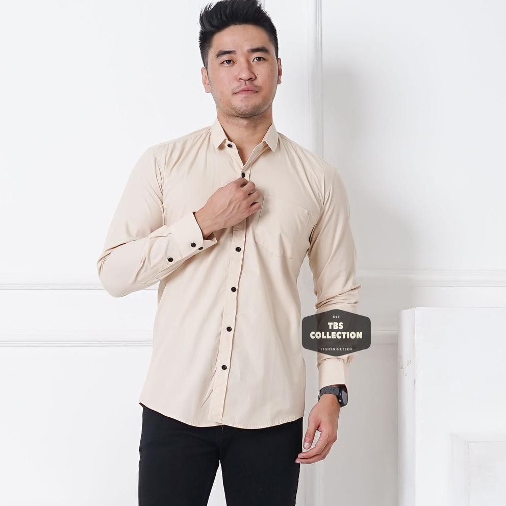 Sale Kemeja Pria Lengan Panjang Polos Cream Krem Slimfit Casual Ada Big Size Jumbo 819 - EightNineTe
