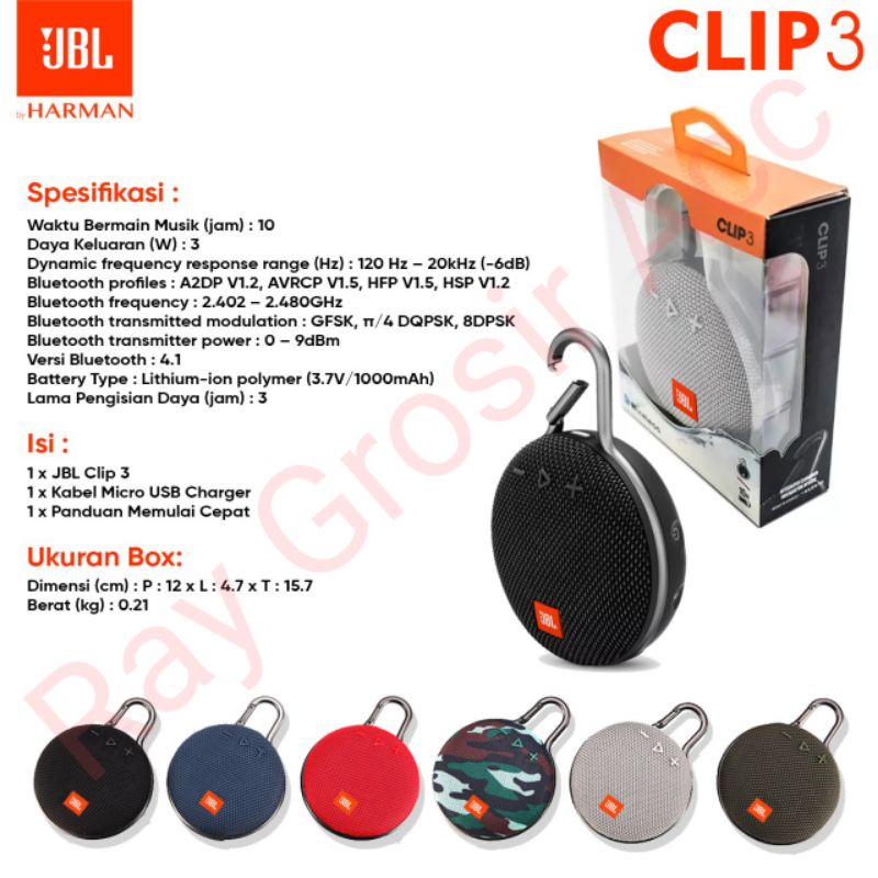 Speaker Bluetooth Wireless Portable JBL Clip 3 speker Clip3