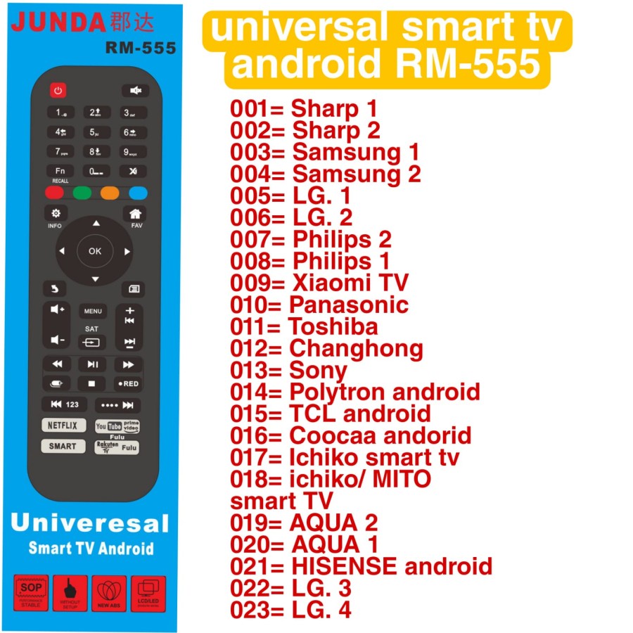 REMOTE REMOT UNIVERSAL LED SMART TV ANDROID JUNDA RM 555