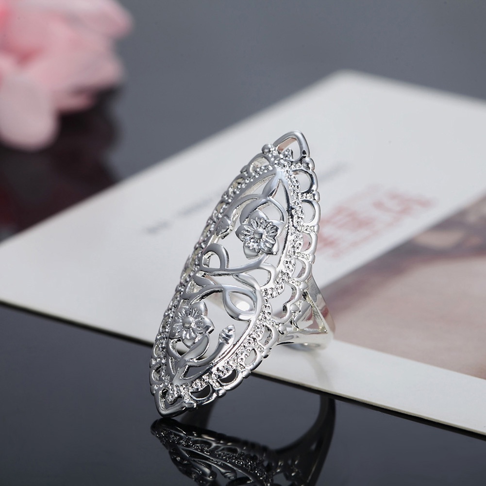 Hu Hu Hu Hu Hu Alat Bantu Pasang Kacamata♡ Perhiasan Cincin Jari Wanita Lapis Silver Alloy Desain Ukiran Bunga Hollow Untuk Hadiah