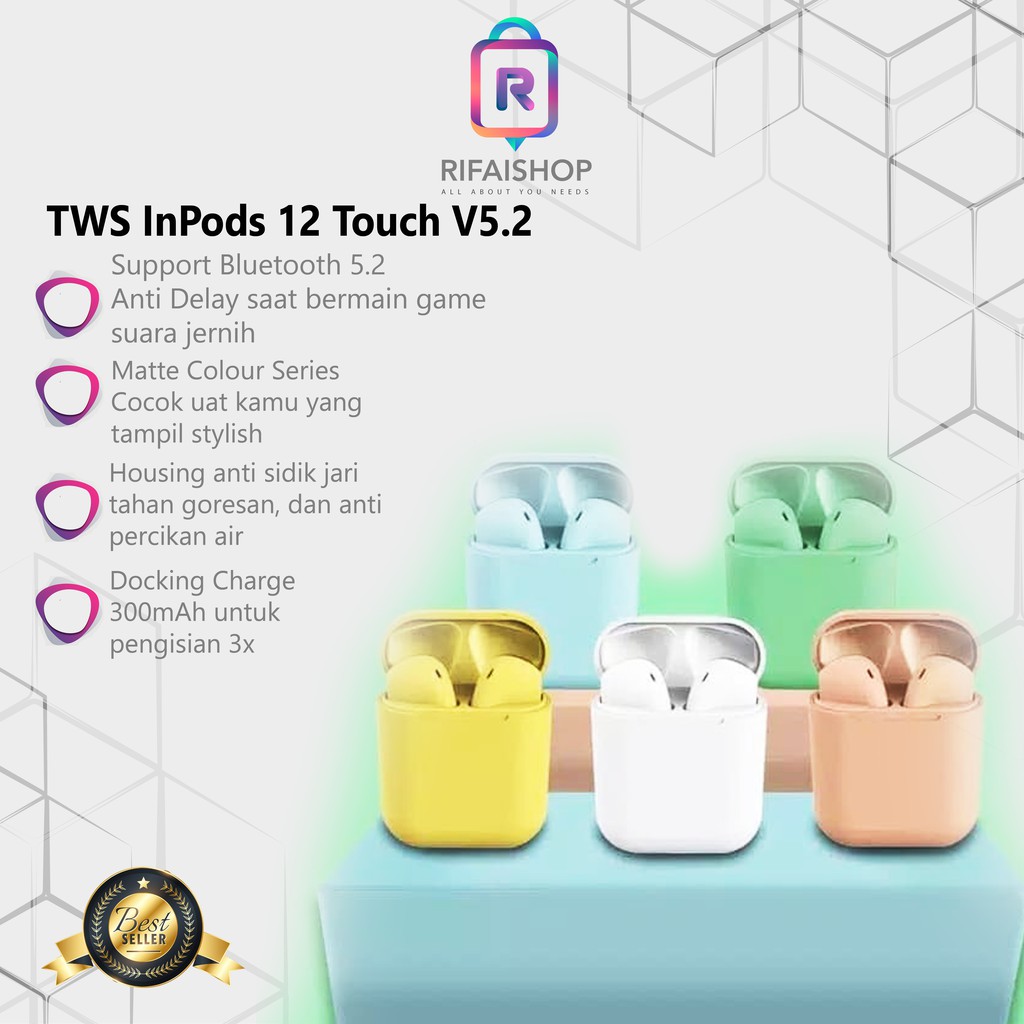 Headset Bluetooth Wirelless TWS Inpods 12 Touch V5.2 Color Macaroon
