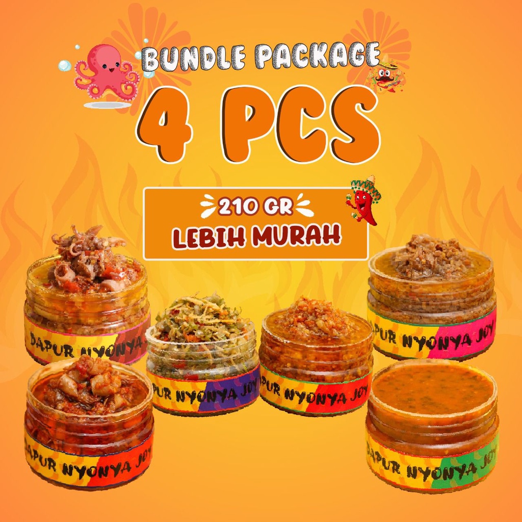 

Bundling Promo 4 rasa sambal cumi / sambal teri / sambal kecombrang / sambal enak dapur nyonya joy
