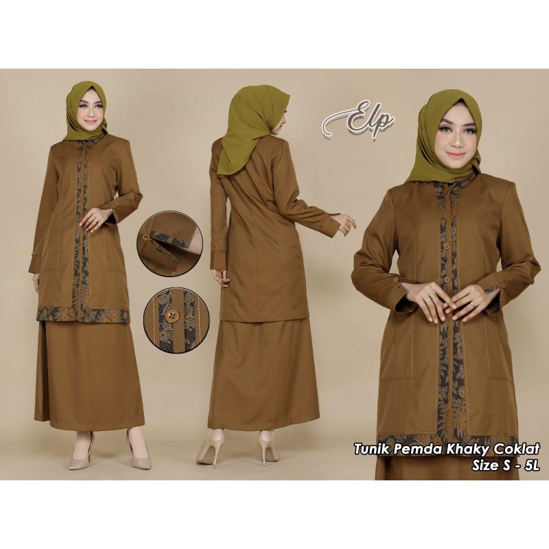 SERAGAM KERJA DINAS TUNIK PEMDA KOMBINASI BATIK ROK A KHAKY COKLAT FREE HIJAB