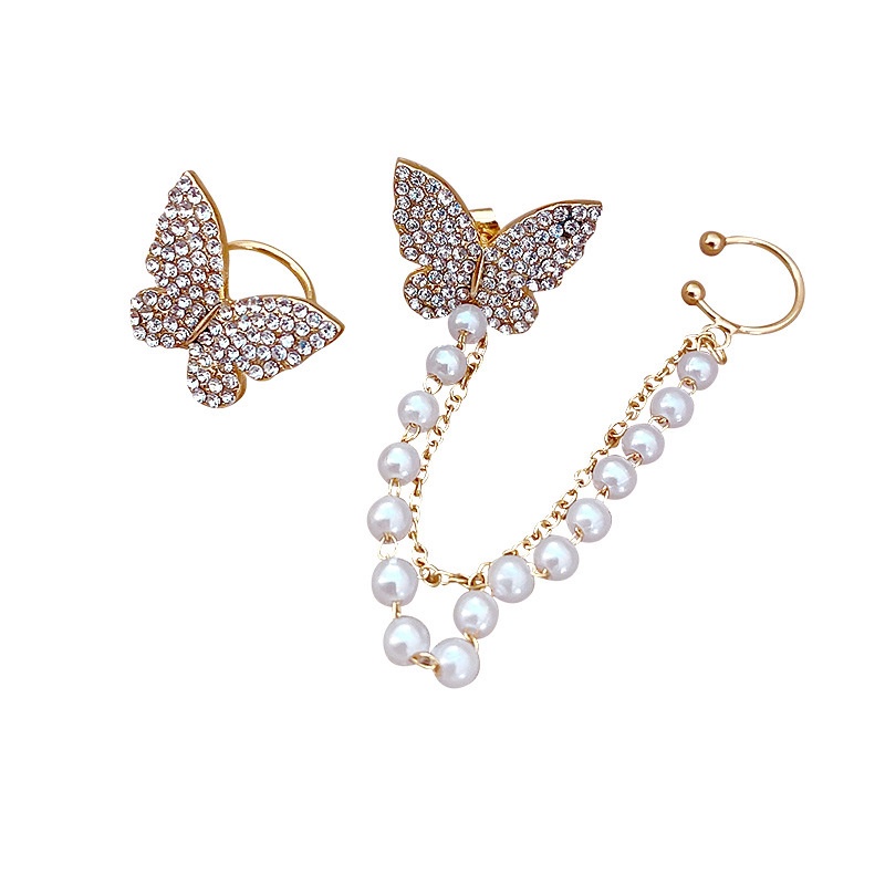 [Featured] 1 Pair Minimalist Asymmetrical Crystal Butterfly Ear Bone Gold Clip Earring / Ladies Elegant Simulation Pearl Earrings  With Long Chain