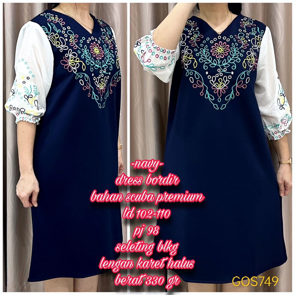 GOS749 Dress Wanita Bordir Bahan Scuba Premium LD102-110 PJ98 Resleting Belakang Lengan Karet Halus