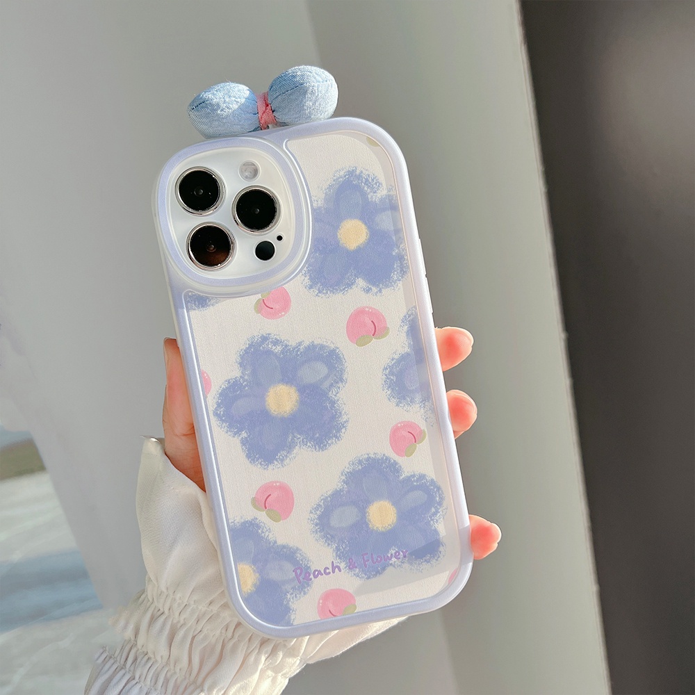 Case TPU shockproof Motif Bunga Biru Bulat stand portable Untuk iPhone 11 Pro max 12 13 Pro max mini XS max xr 7 8 Se 2020 plus