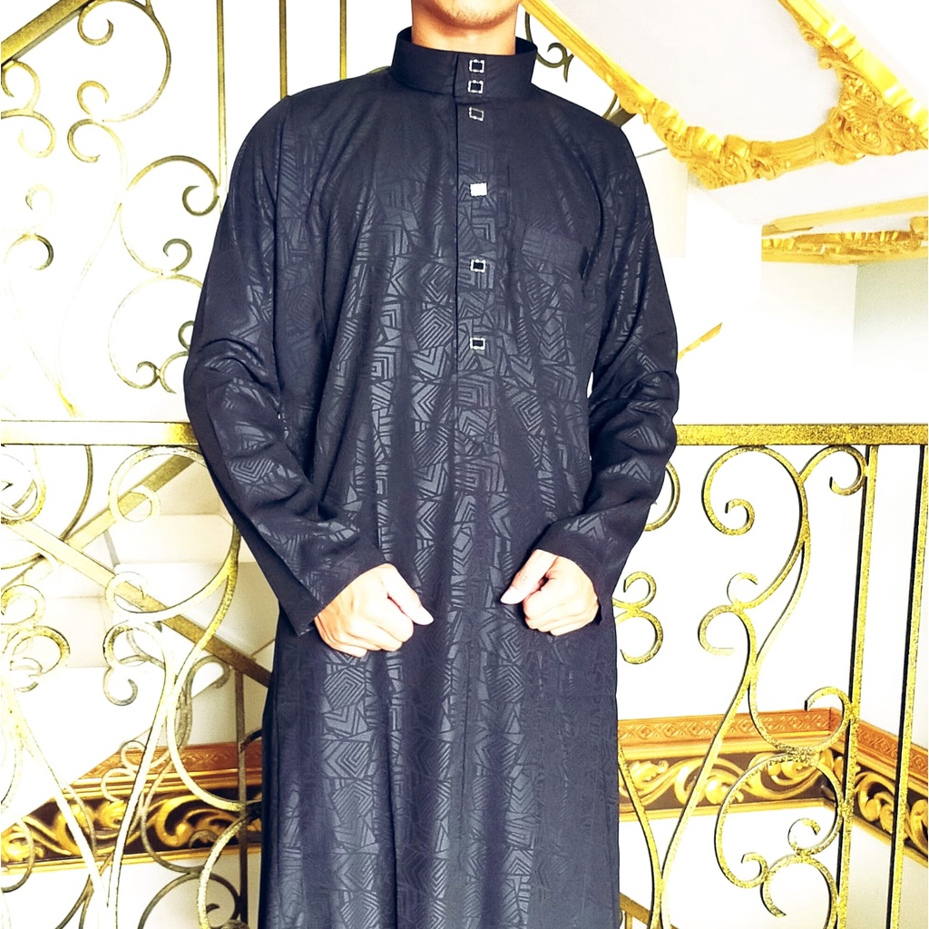 Jubah Gamis Pria Oblong Jubah muslim Gamis Pria Motif Emboss-HITAM