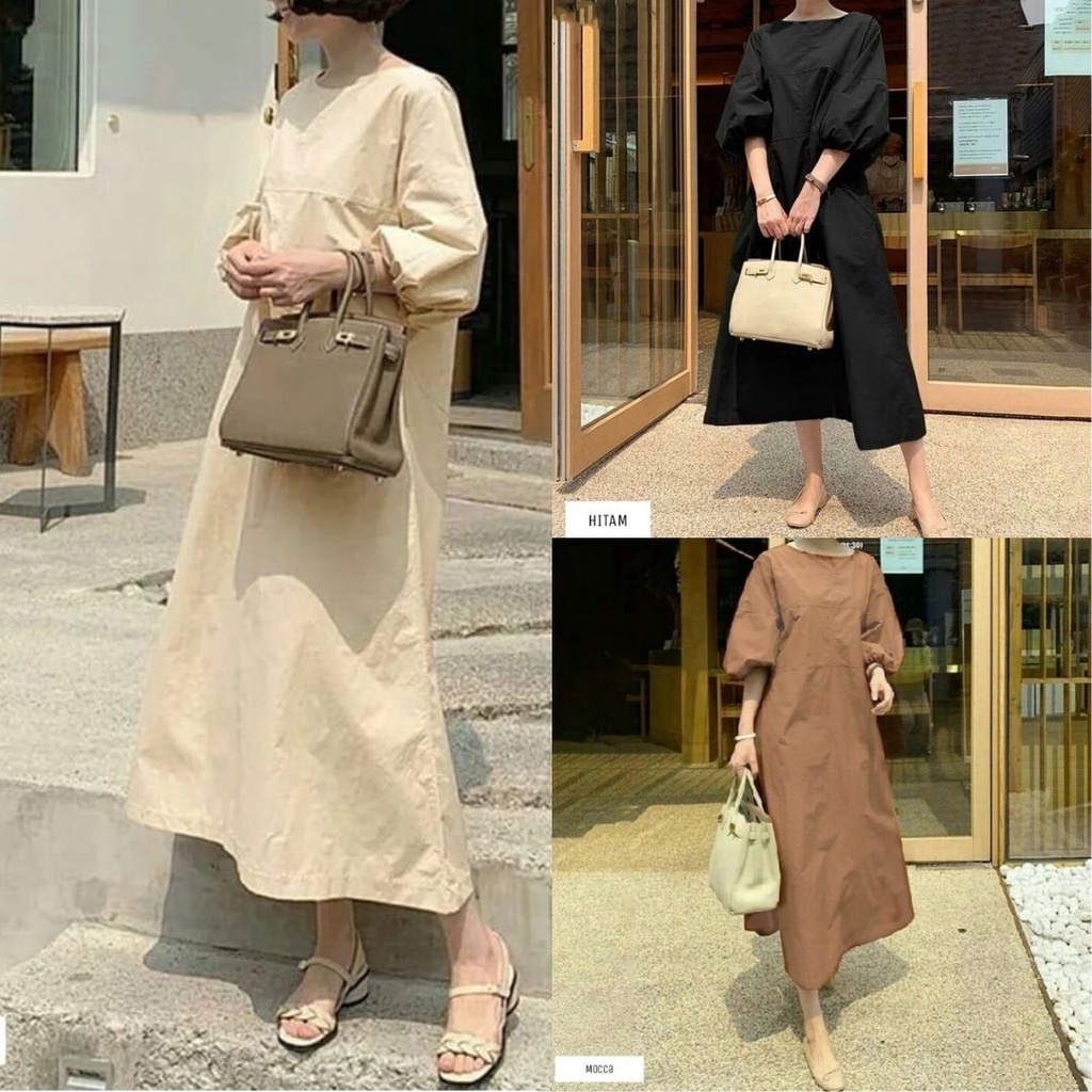 Dress polos Lengan Balon  / Midi Dress Muslim Polos Korean Style Lengan Balon / Baju Midi Dress wanita muslim / Midi dress / midi dres / midi dress korea / midi dress polos / midi dress muslim / pakaian wanita / baju midi dres / Alea midi