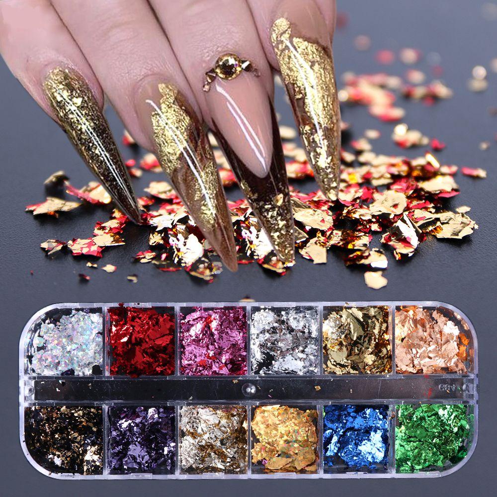 R-FLOWER 12kisi Kuku Payet Manicure Decor Cermin Chrome Pigmen Emas Perak Foil Kertas Serpihan Tidak Teratur