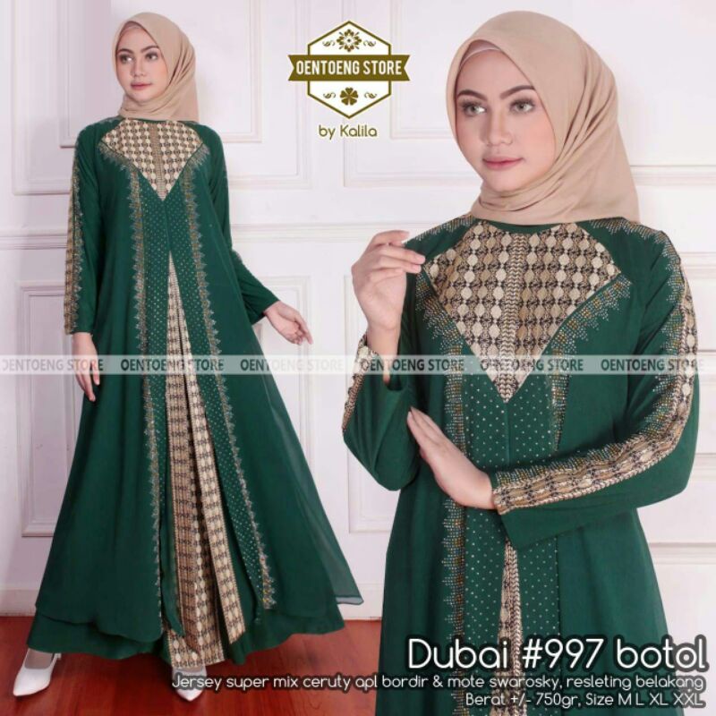 DUBAI 997 BY OENTOENG STORE / GAMIS ABAYA BAHAN JERSEY MIX CERUTY WARNA HIJAU BOTOL