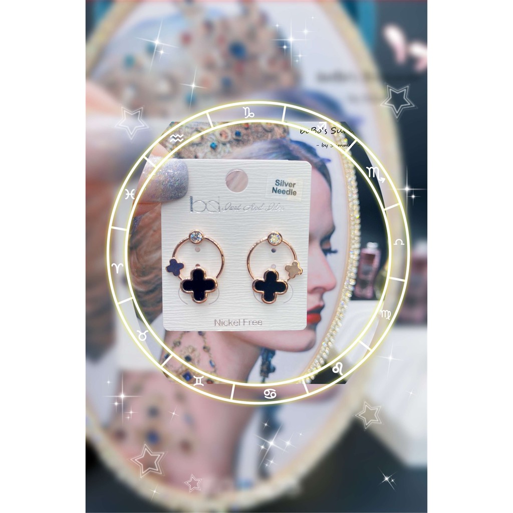 Anting Clover Hitam Tusuk Silver 925 Aksesoris Pesta Premium