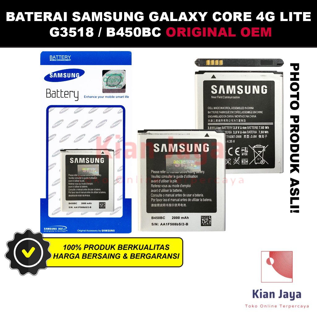 Baterai Samsung Galaxy Core LITE 4G LTE G3518 G3586V Original OEM Batre Batrai Battery Hp B450BC Ori