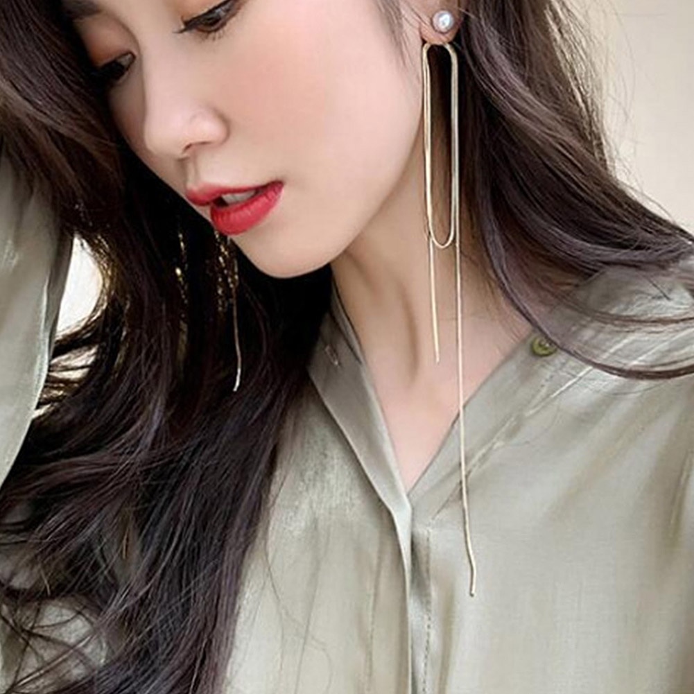 Perhiasan Anting Rumbai Panjang Aksen Mutiara Berlian Imitasi Untuk Wanita