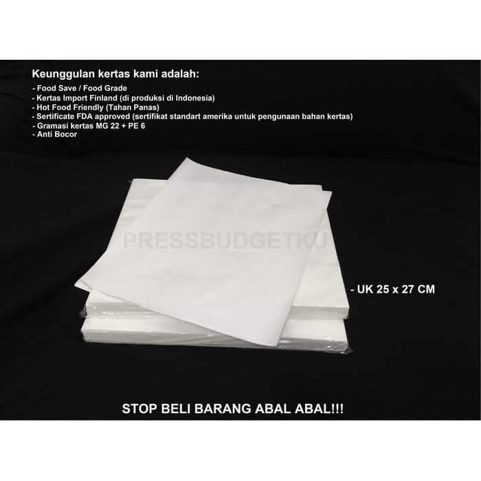

kertas nasi / burger / kertas minyak / uk 25x27 cm isi (500 lbr)