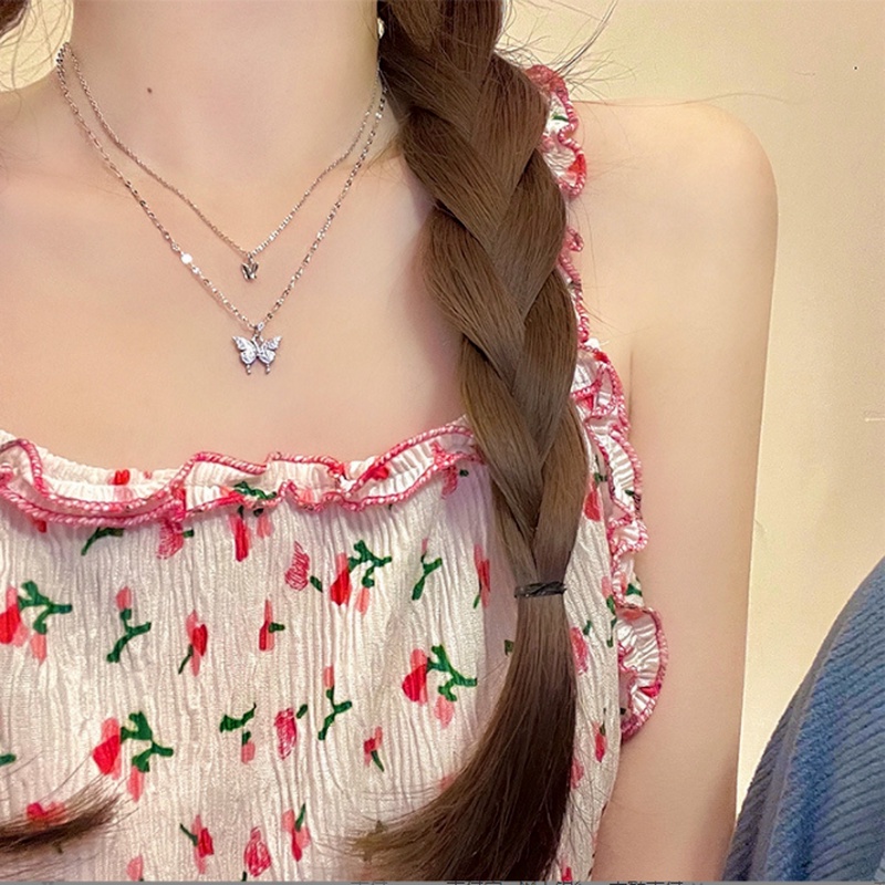 We Flower Kalung Rantai Rumbai Model Double Layer Bentuk Kupu-Kupu Aksen Kristal Untuk Wanita