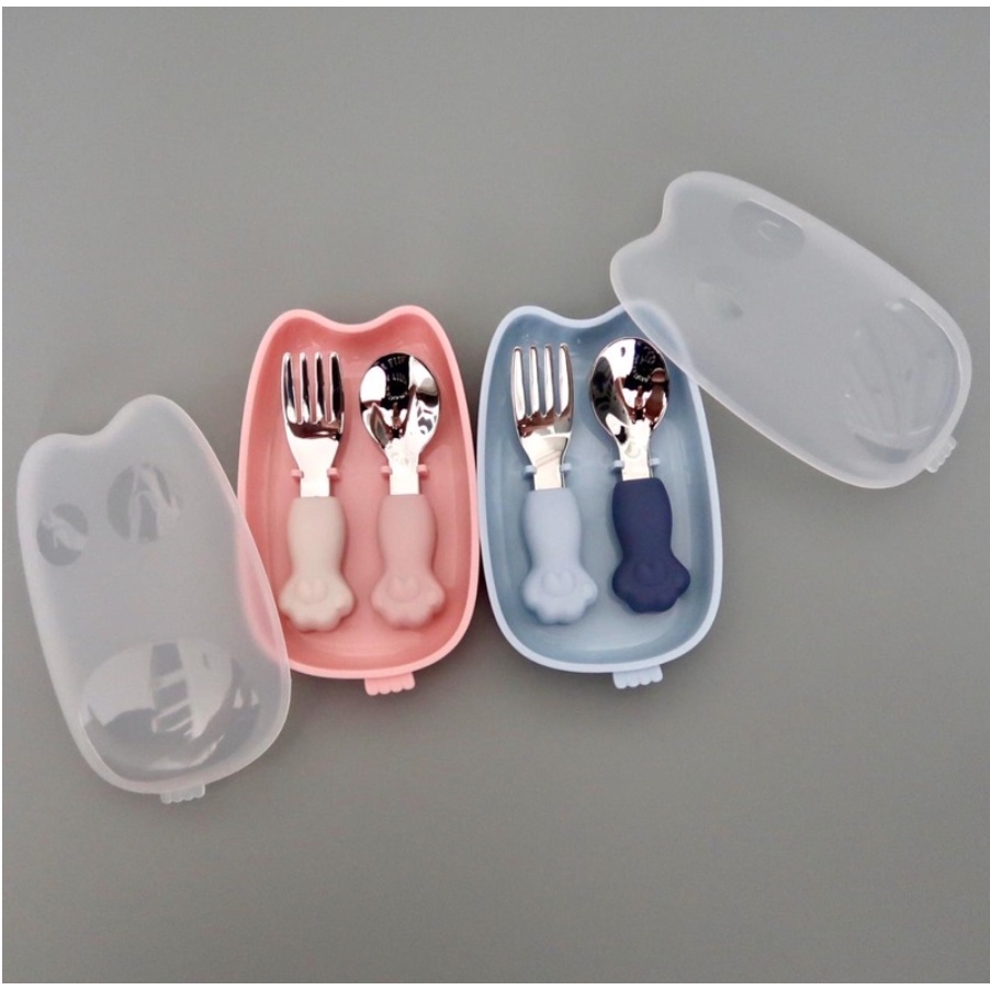 Sky &amp; Rose Paw Training Spoon &amp; Fork Set with Travel Case - Sendok Garpu Anak Bayi Baby Practice Toddler Balita Cutleries