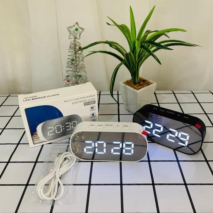 Jam Meja Digital Alarm LED Mirror Clock - Putih-Putih