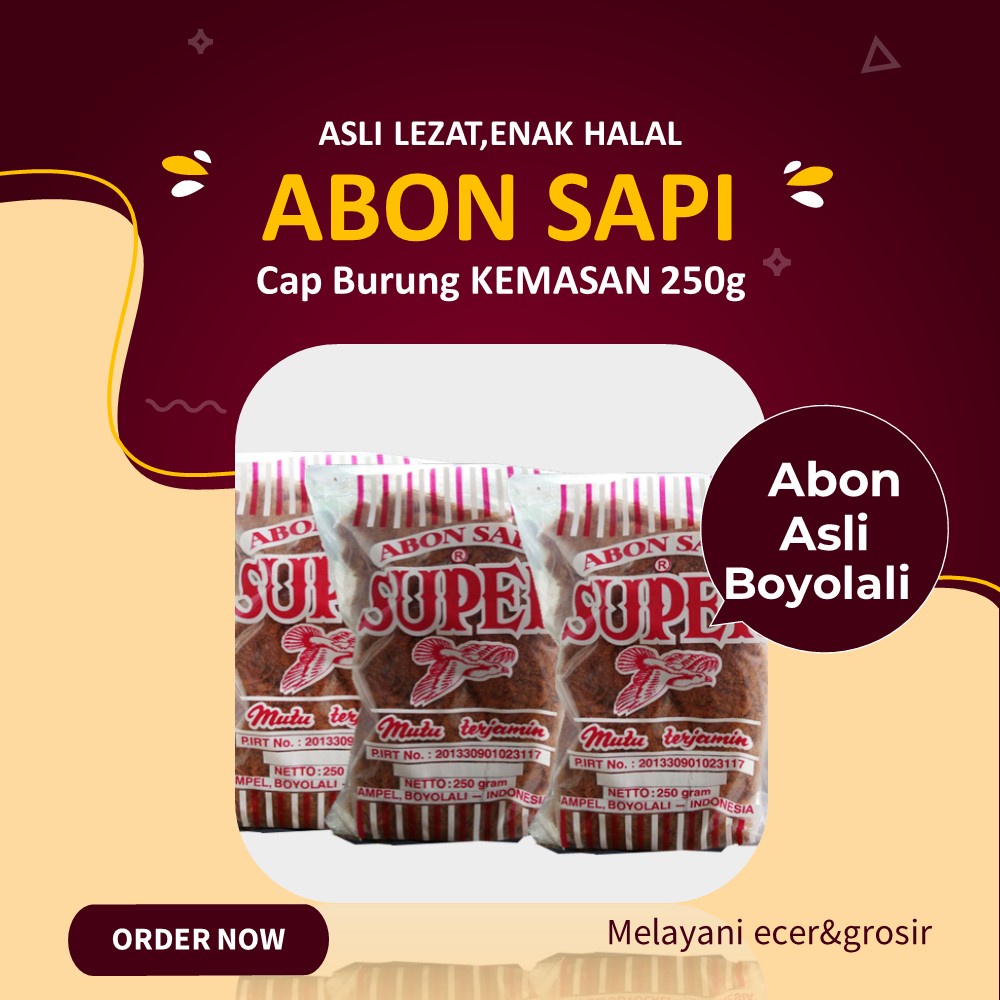 

Abon Sapi Asli Halal super cap burung Boyolali kemasan 250 gram