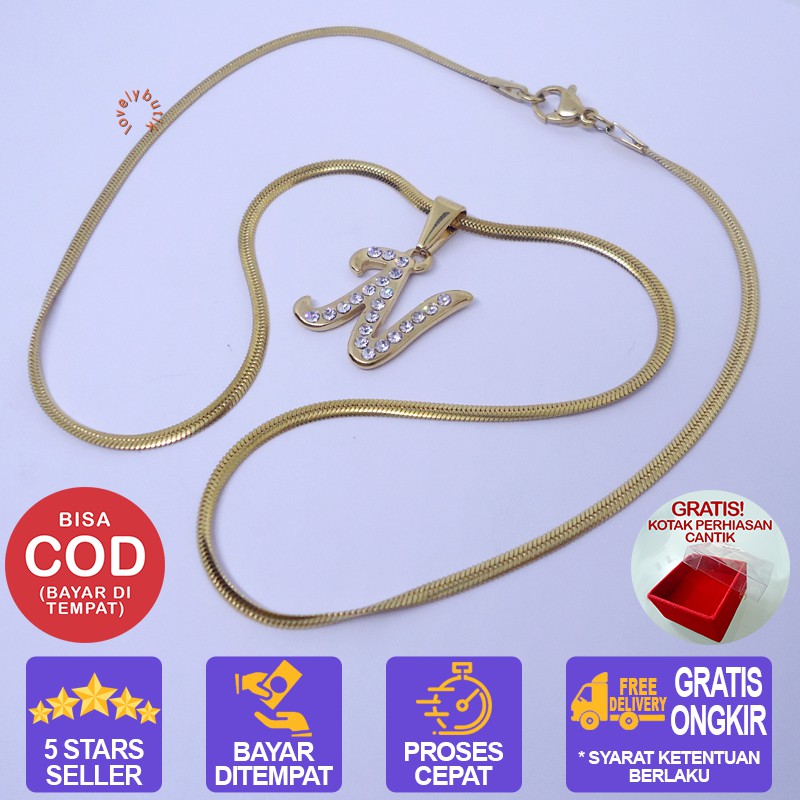 Lovelybutik Honey Kalung Huruf Titanium Anti Karat Inisial N Uk 45 cm BONUS KOTAK PERHIASAN