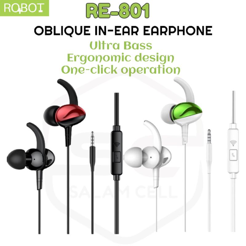 Headset Robot RE801 Wired Earphone Bass Compatible For All Phone Original - Garansi 1 Tahun