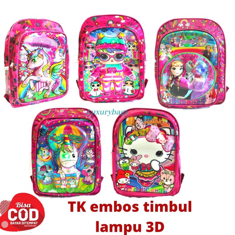 Tas ransel anak Tk perempuan karakter 3D timbul lampu